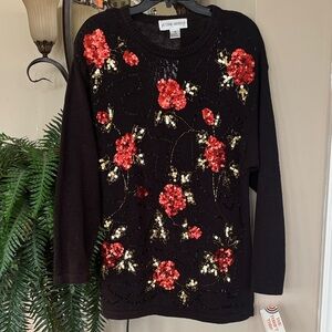 Vintage Victoria Harbour Black Ramie Blend Sweater w/ Red Gold Sequin Floral